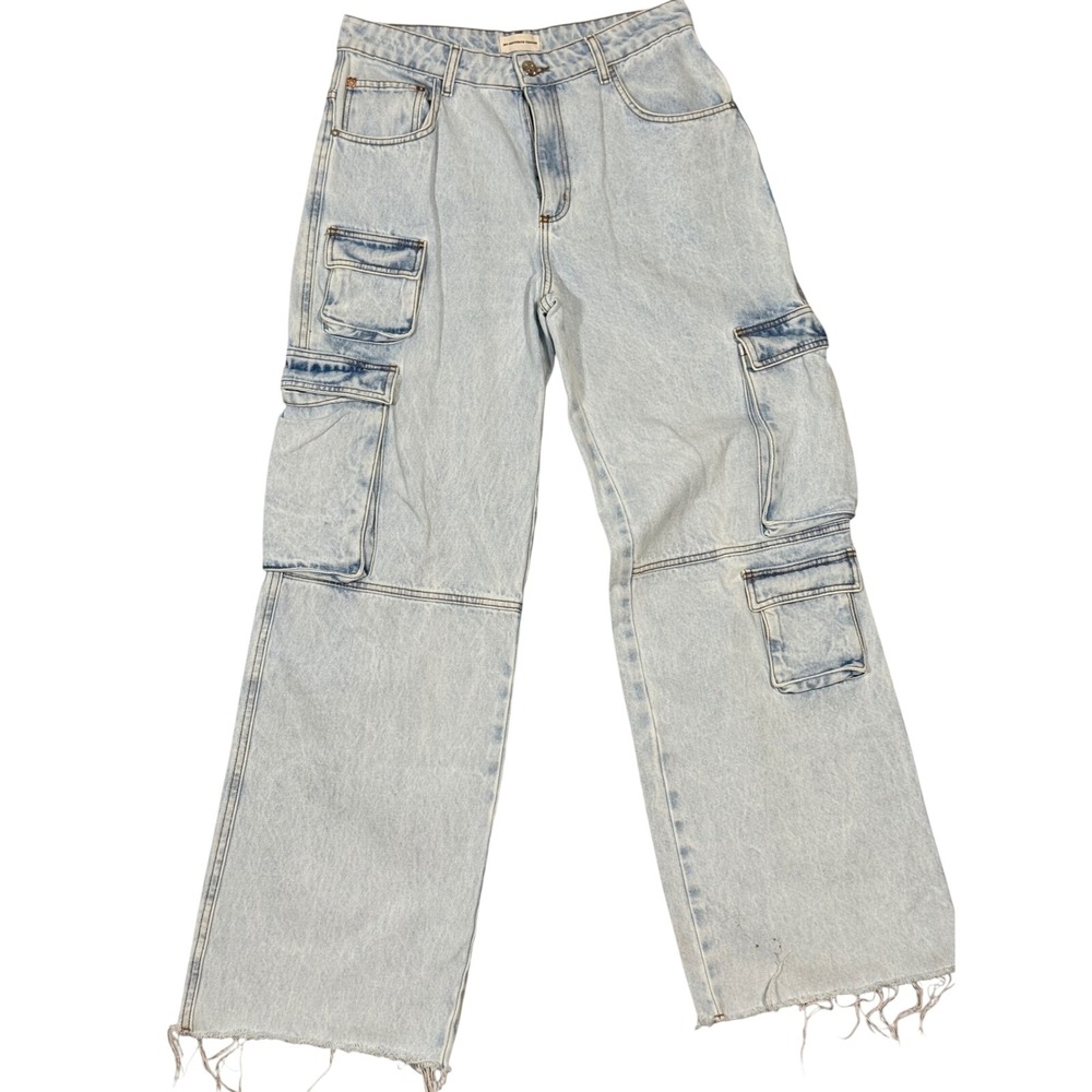 My Favorite Things Cargo Jeans Womens 8 Light Blue Raw Hem High Rise Wide Leg